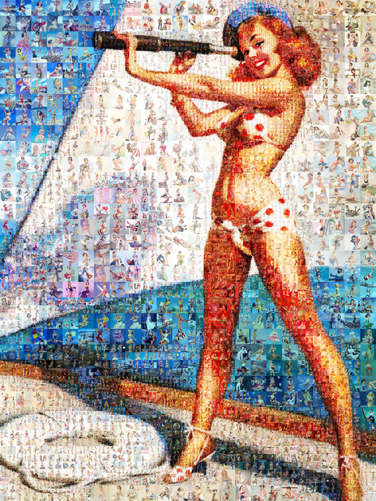 Nautical Pin-Up Mosaic Poster – Retro Girl with Telescope in Bikini, Vintage Wall Art Made from Pin-Up Illustrations