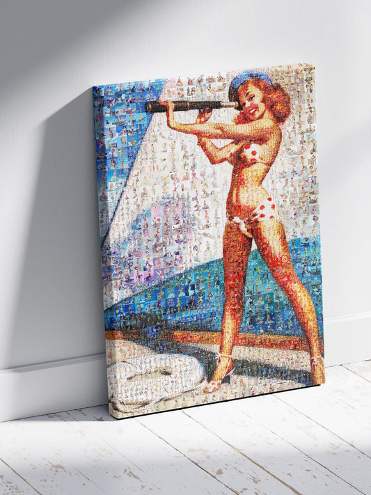 Nautical Pin-Up Mosaic Poster – Retro Girl with Telescope in Bikini, Vintage Wall Art Made from Pin-Up Illustrations