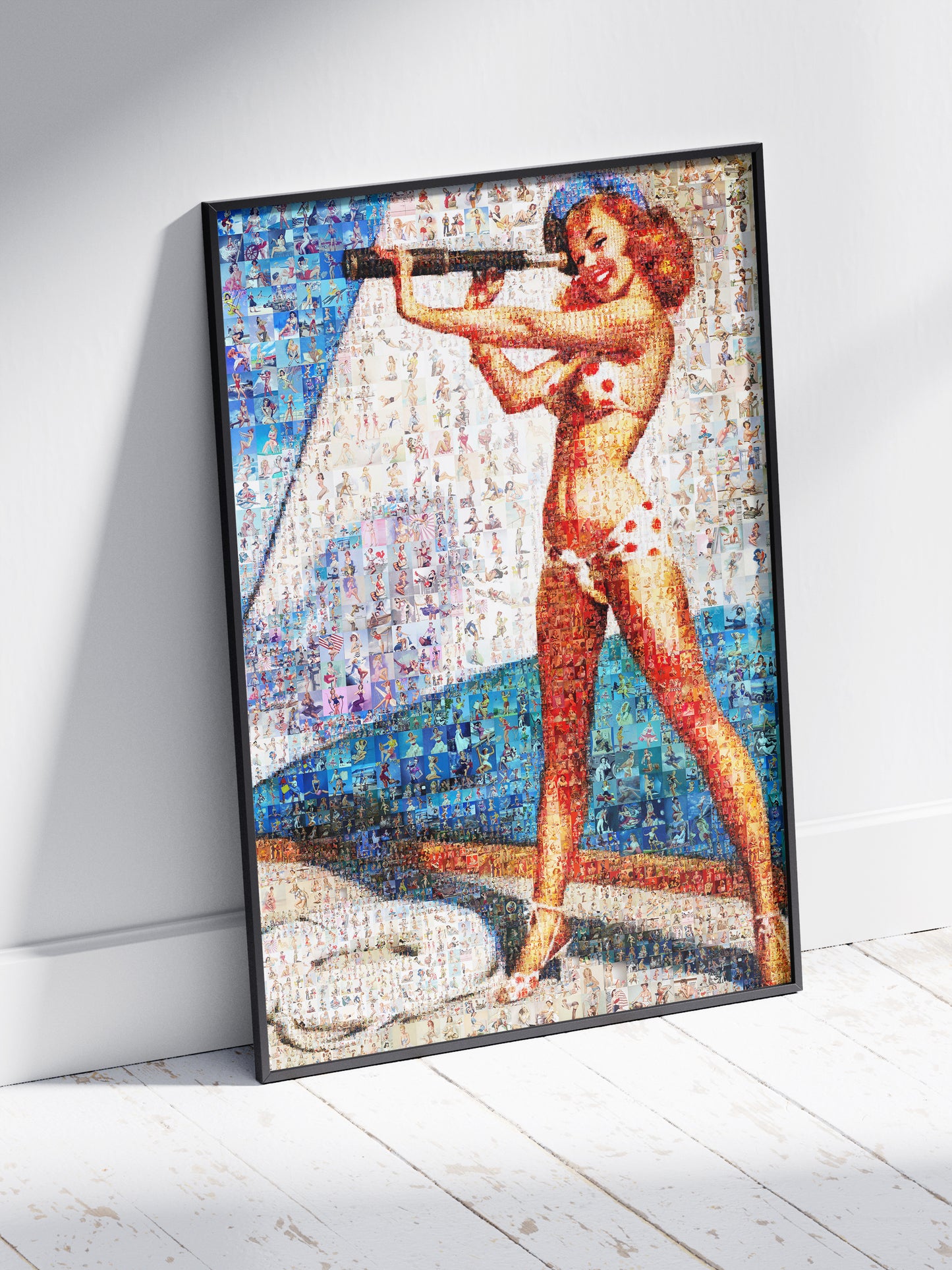 Nautical Pin-Up Mosaic Poster – Retro Girl with Telescope in Bikini, Vintage Wall Art Made from Pin-Up Illustrations