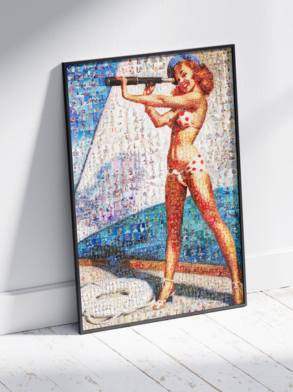 Nautical Pin-Up Mosaic Poster – Retro Girl with Telescope in Bikini, Vintage Wall Art Made from Pin-Up Illustrations