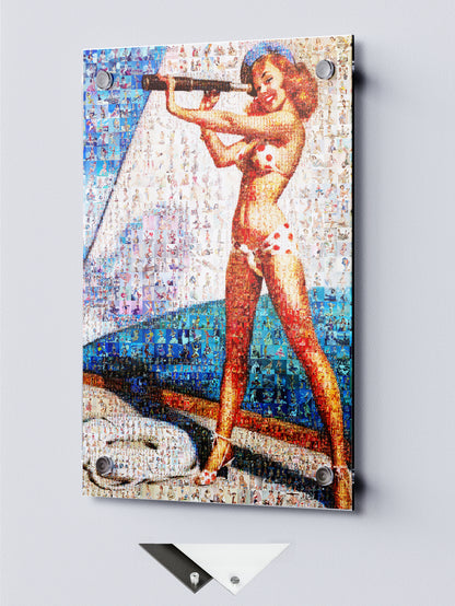 Nautical Pin-Up Mosaic Poster – Retro Girl with Telescope in Bikini, Vintage Wall Art Made from Pin-Up Illustrations