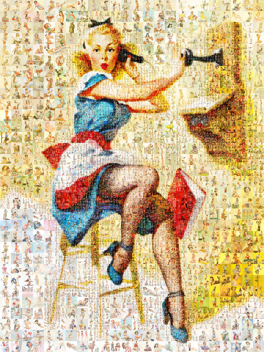 Vintage Pin-Up Mosaic Poster – Retro Girl on Telephone, Classic Wall Art Made from Pin-Up Illustrations