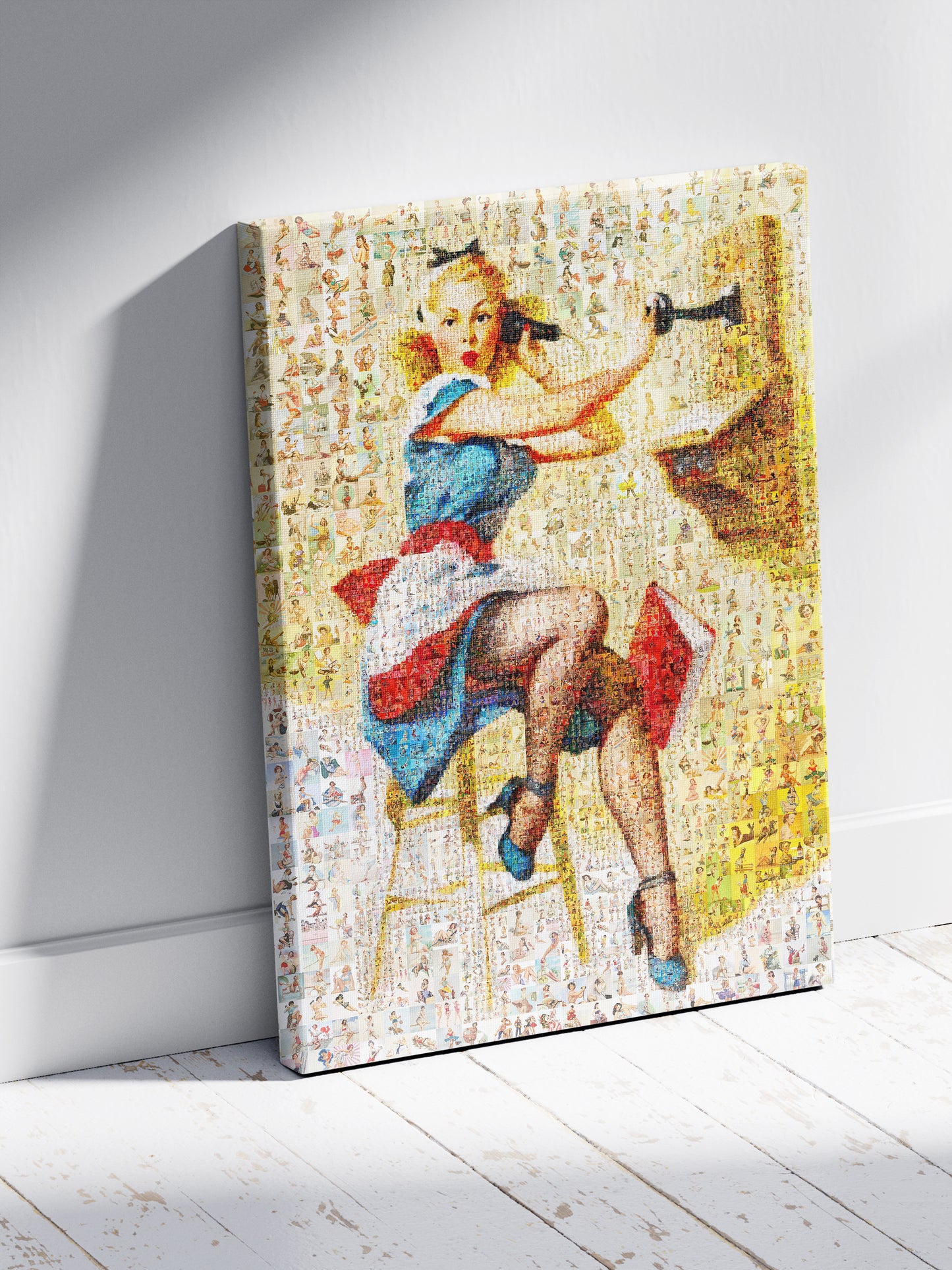 Vintage Pin-Up Mosaic Poster – Retro Girl on Telephone, Classic Wall Art Made from Pin-Up Illustrations