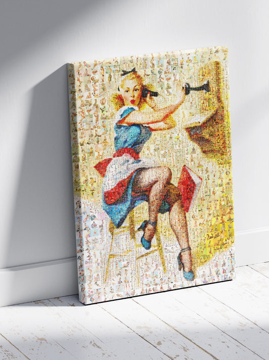 Vintage Pin-Up Mosaic Poster – Retro Girl on Telephone, Classic Wall Art Made from Pin-Up Illustrations