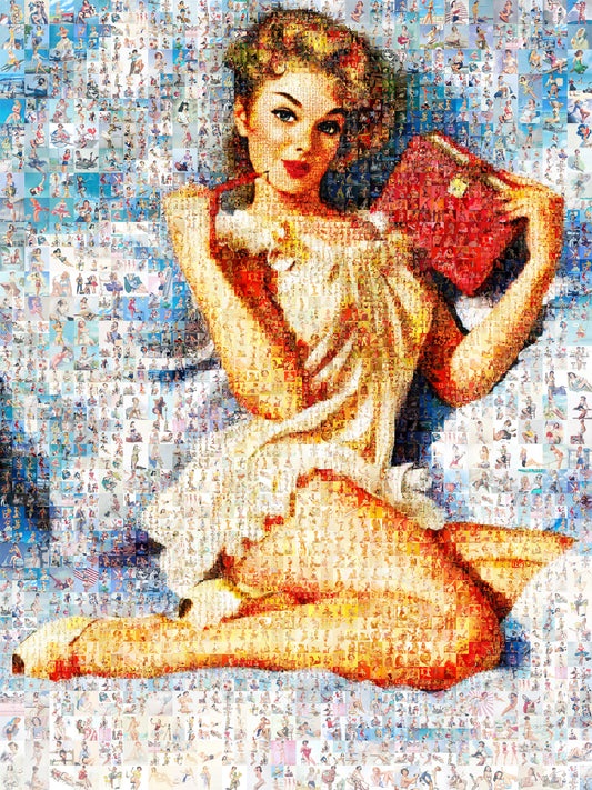 Romantic Pin-Up Mosaic Poster – Vintage Girl Reading Book, Retro Wall Art Made from Classic Pin-Up Illustrations