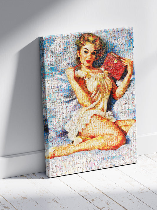 Romantic Pin-Up Mosaic Poster – Vintage Girl Reading Book, Retro Wall Art Made from Classic Pin-Up Illustrations