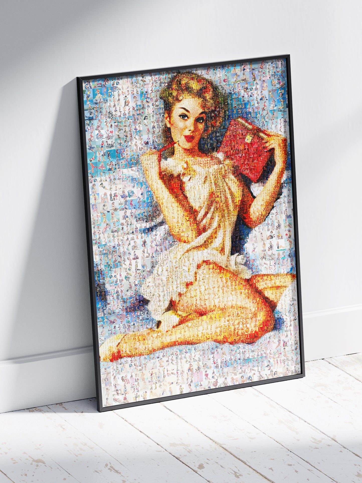 Romantic Pin-Up Mosaic Poster – Vintage Girl Reading Book, Retro Wall Art Made from Classic Pin-Up Illustrations