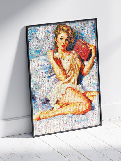 Romantic Pin-Up Mosaic Poster – Vintage Girl Reading Book, Retro Wall Art Made from Classic Pin-Up Illustrations