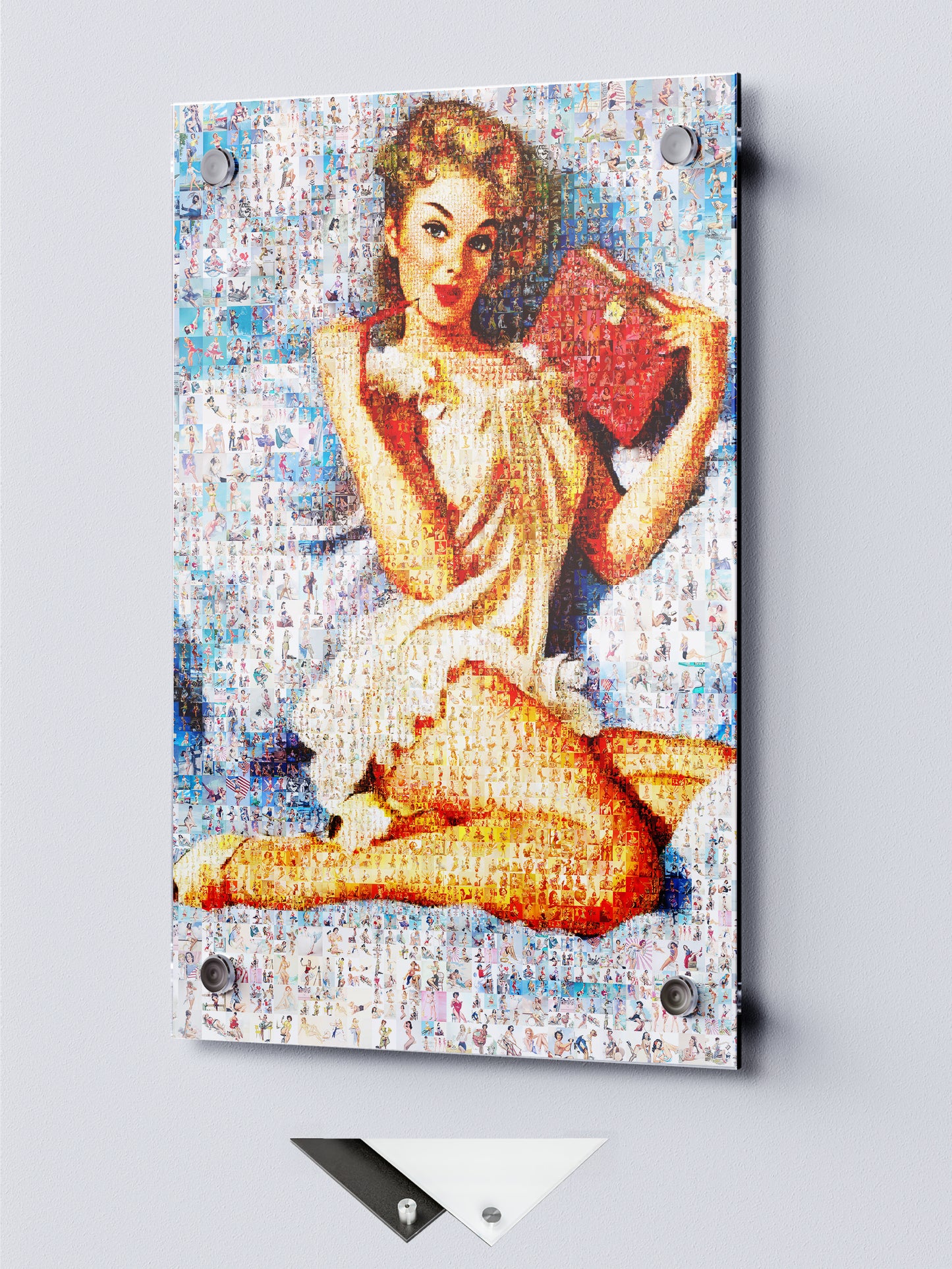 Romantic Pin-Up Mosaic Poster – Vintage Girl Reading Book, Retro Wall Art Made from Classic Pin-Up Illustrations