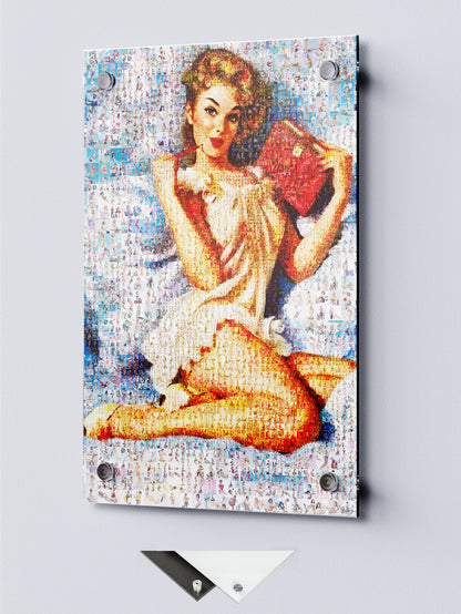 Romantic Pin-Up Mosaic Poster – Vintage Girl Reading Book, Retro Wall Art Made from Classic Pin-Up Illustrations