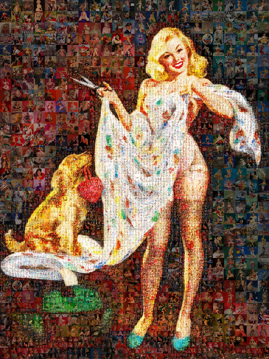 Playful Pin-Up Mosaic Poster – Retro Girl with Dog, Vintage Wall Art Made from Classic Pin-Up Illustrations
