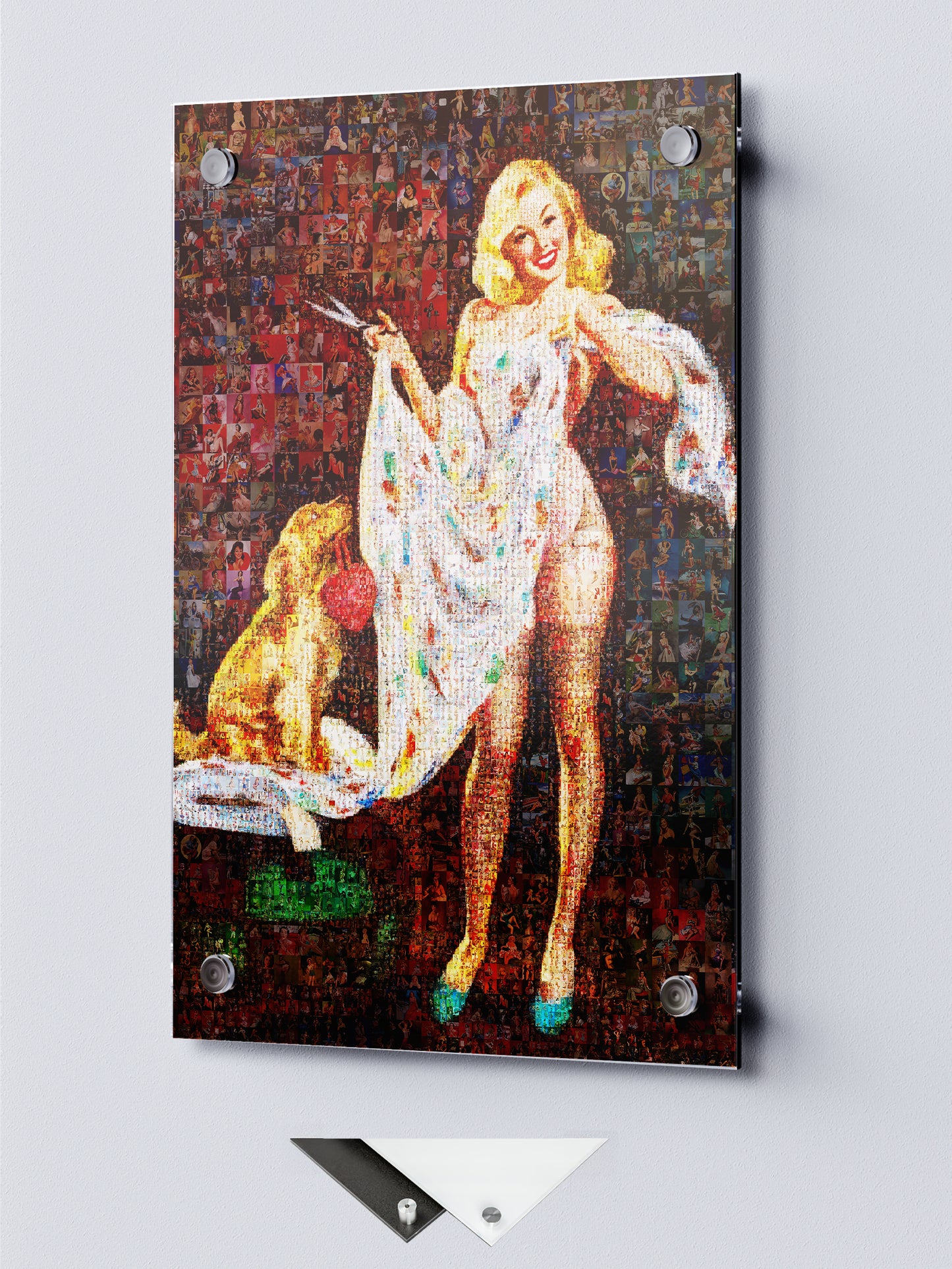 Playful Pin-Up Mosaic Poster – Retro Girl with Dog, Vintage Wall Art Made from Classic Pin-Up Illustrations