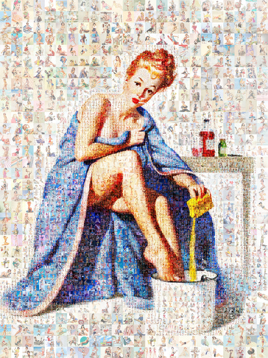 Elegant Pin-Up Mosaic Poster – Retro Girl Bath Scene, Vintage Wall Art Made from Classic Pin-Up Illustrations