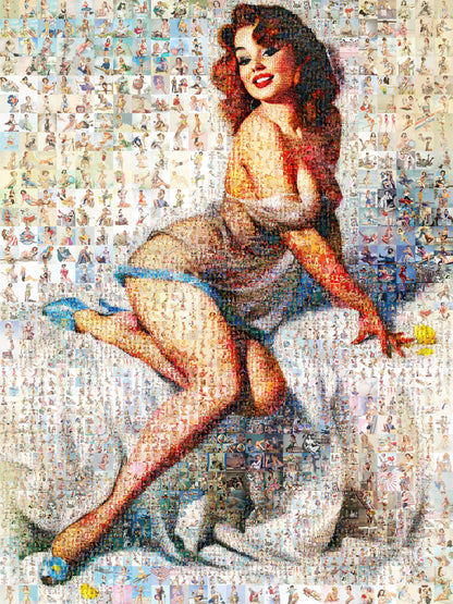 Glamorous Pin-Up Mosaic Poster – Retro Girl in Sheer Robe, Vintage Wall Art Made from Classic Pin-Up Illustrations