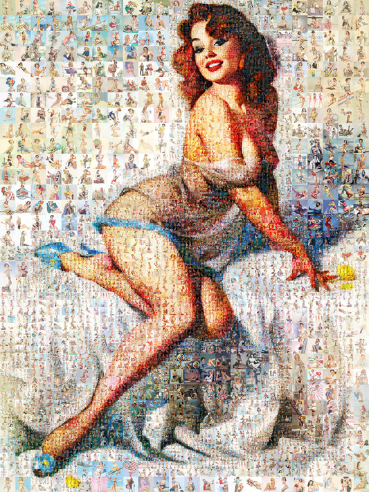 Glamorous Pin-Up Mosaic Poster – Retro Girl in Sheer Robe, Vintage Wall Art Made from Classic Pin-Up Illustrations