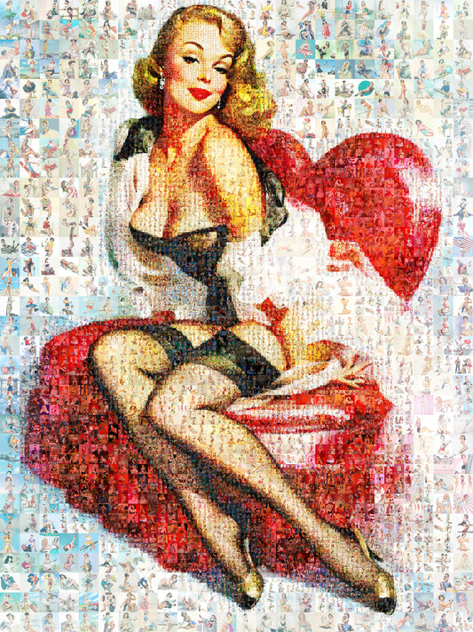 Romantic Pin-Up Mosaic Poster – Retro Girl on Red Heart, Vintage Wall Art Made from Classic Pin-Up Illustrations