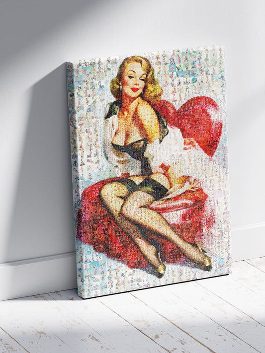 Romantic Pin-Up Mosaic Poster – Retro Girl on Red Heart, Vintage Wall Art Made from Classic Pin-Up Illustrations