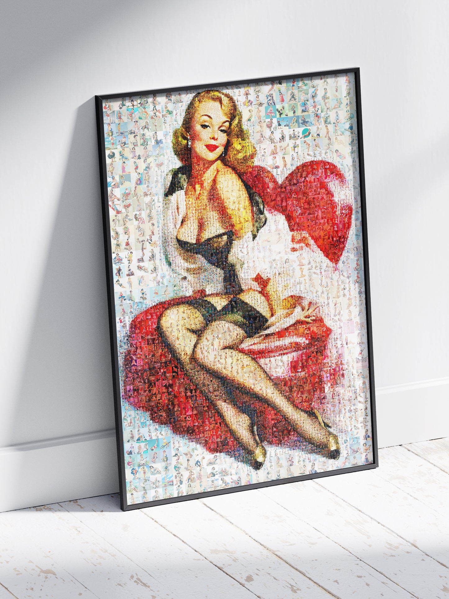 Romantic Pin-Up Mosaic Poster – Retro Girl on Red Heart, Vintage Wall Art Made from Classic Pin-Up Illustrations