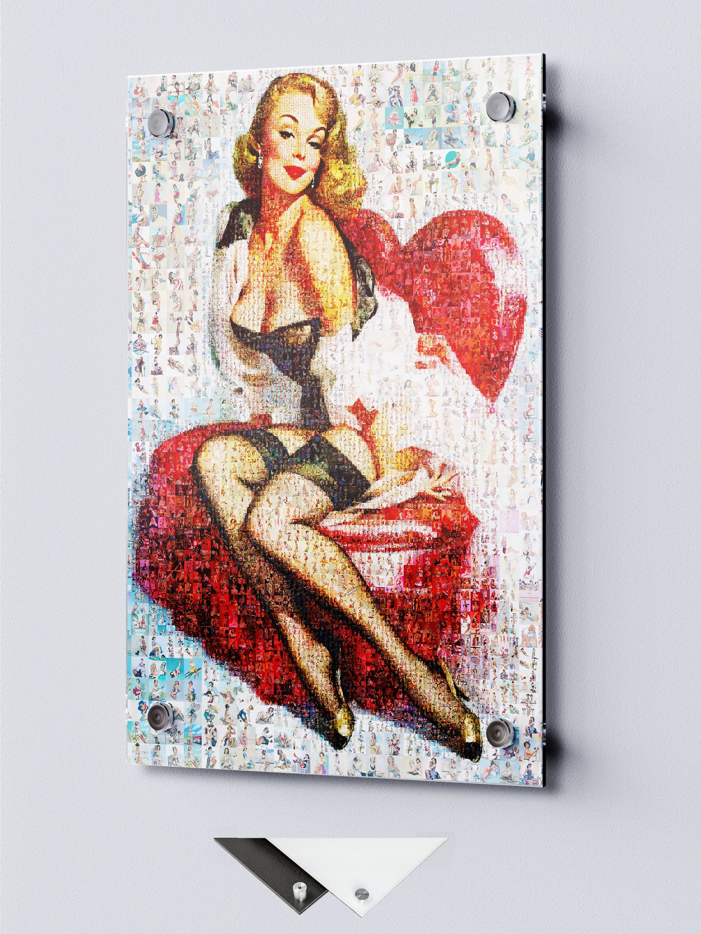 Romantic Pin-Up Mosaic Poster – Retro Girl on Red Heart, Vintage Wall Art Made from Classic Pin-Up Illustrations