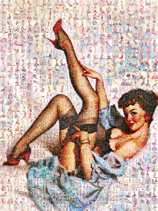 Playful Pin-Up Mosaic Poster – Retro Girl in Stockings and Red Heels, Vintage Wall Art Made from Classic Pin-Up Illustrations