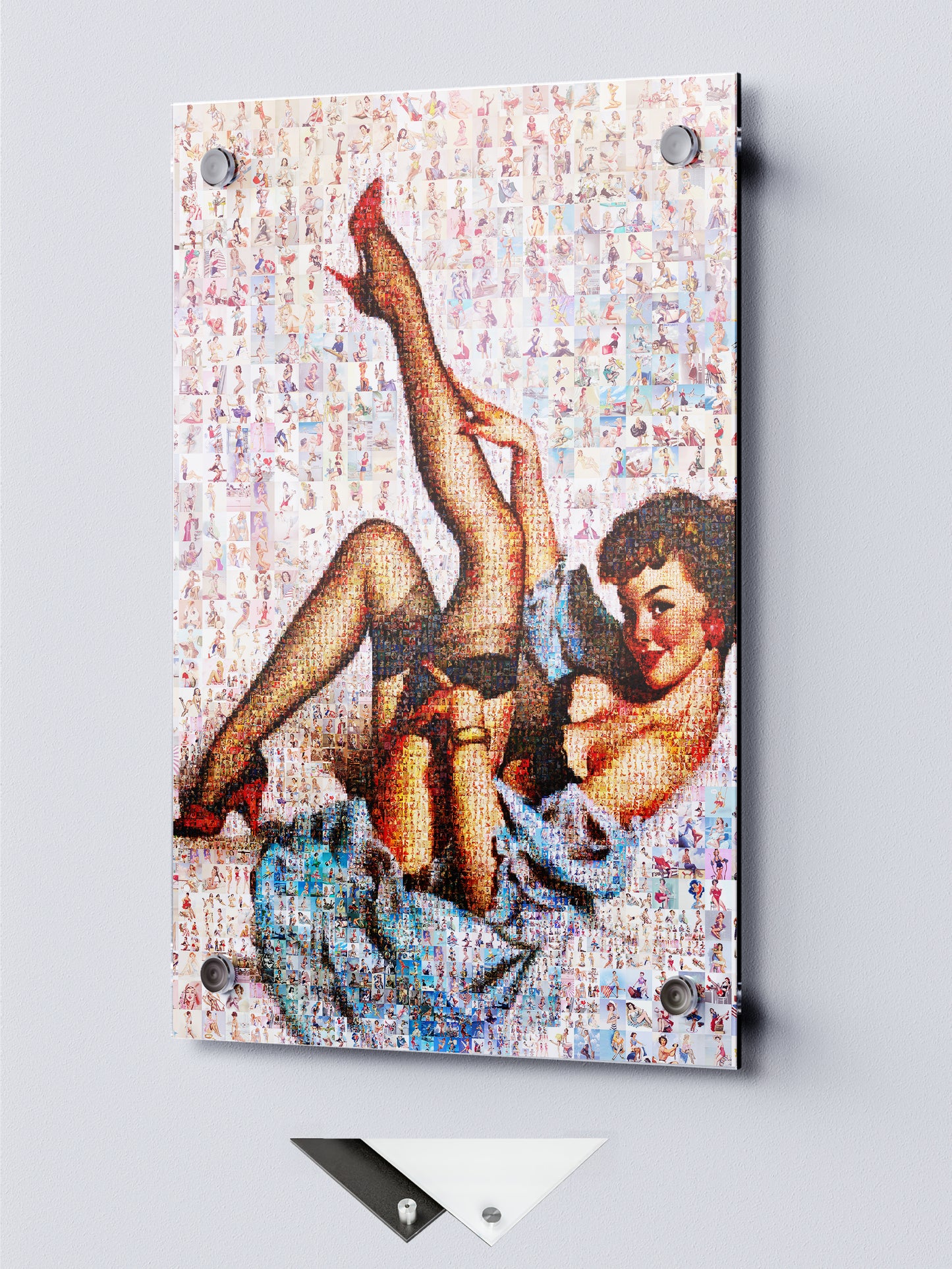 Playful Pin-Up Mosaic Poster – Retro Girl in Stockings and Red Heels, Vintage Wall Art Made from Classic Pin-Up Illustrations