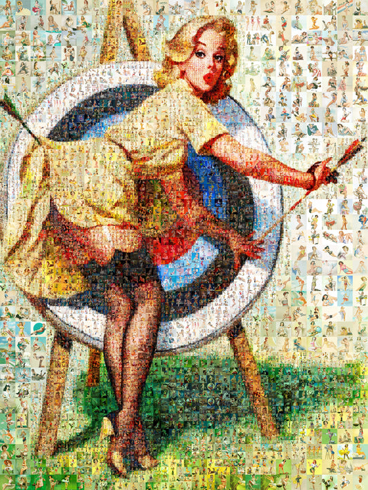 Pin-Up Girl Mosaic Poster – Retro Archery Wall Art Made from Vintage Illustrations, Unique Gift for Retro Lovers
