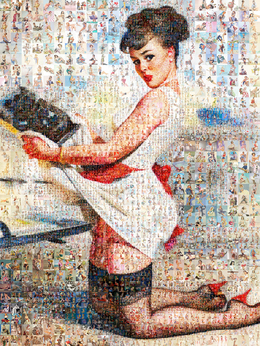 Kitchen Pin-Up Mosaic Poster – Retro Girl in Apron, Vintage Wall Art Made from Classic Pin-Up Illustrations