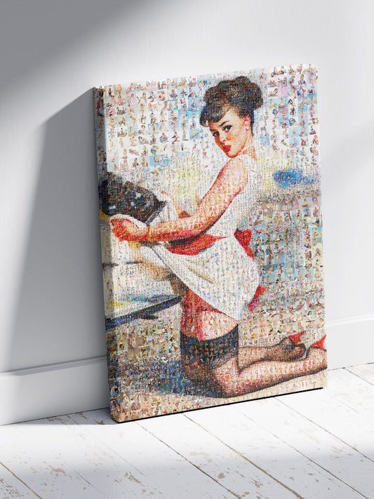 Kitchen Pin-Up Mosaic Poster – Retro Girl in Apron, Vintage Wall Art Made from Classic Pin-Up Illustrations