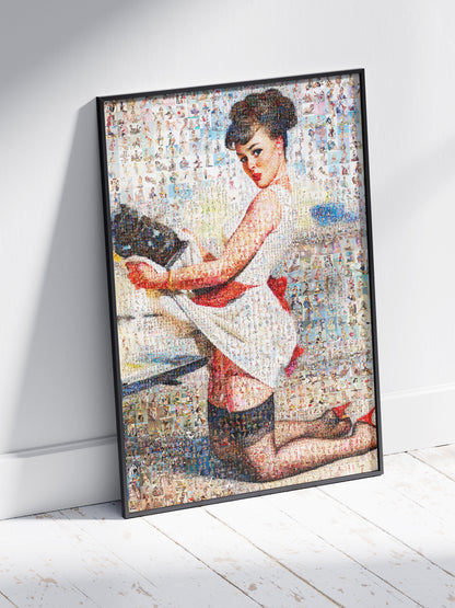 Kitchen Pin-Up Mosaic Poster – Retro Girl in Apron, Vintage Wall Art Made from Classic Pin-Up Illustrations