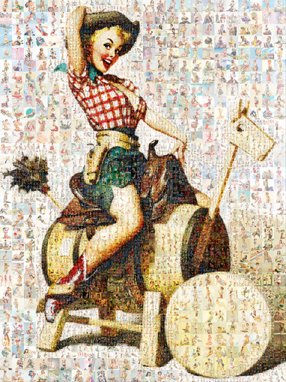 Cowgirl Pin-Up Mosaic Poster – Retro Western Girl, Vintage Wall Art Made from Classic Pin-Up Illustrations
