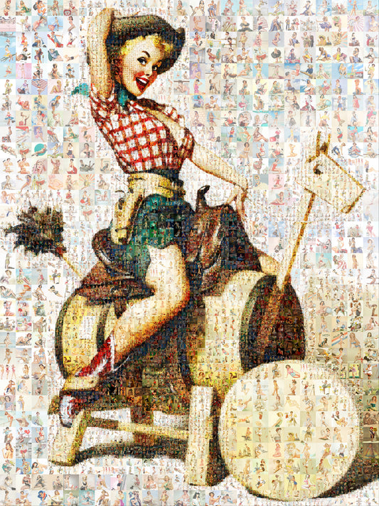 Cowgirl Pin-Up Mosaic Poster – Retro Western Girl, Vintage Wall Art Made from Classic Pin-Up Illustrations