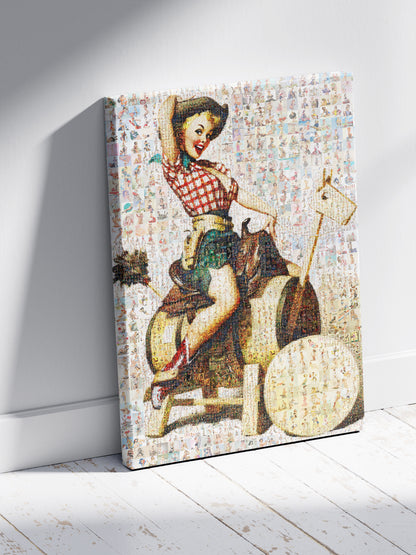 Cowgirl Pin-Up Mosaic Poster – Retro Western Girl, Vintage Wall Art Made from Classic Pin-Up Illustrations