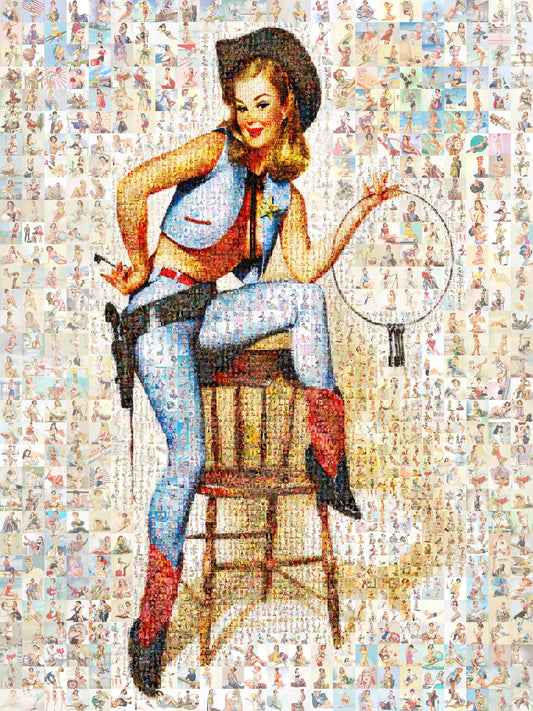 Cowgirl Sheriff Pin-Up Mosaic Poster – Retro Western Girl with Lasso, Vintage Wall Art Made from Classic Pin-Up Illustrations