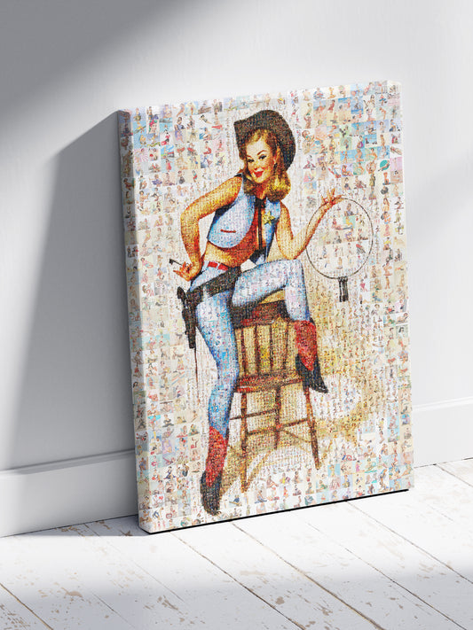 Cowgirl Sheriff Pin-Up Mosaic Poster – Retro Western Girl with Lasso, Vintage Wall Art Made from Classic Pin-Up Illustrations