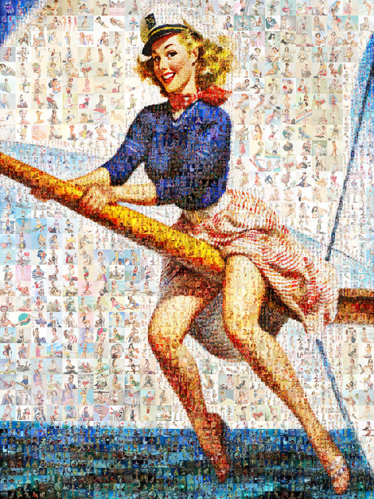 Sailor Pin-Up Mosaic Poster – Retro Nautical Girl, Vintage Wall Art Made from Classic Pin-Up Illustrations