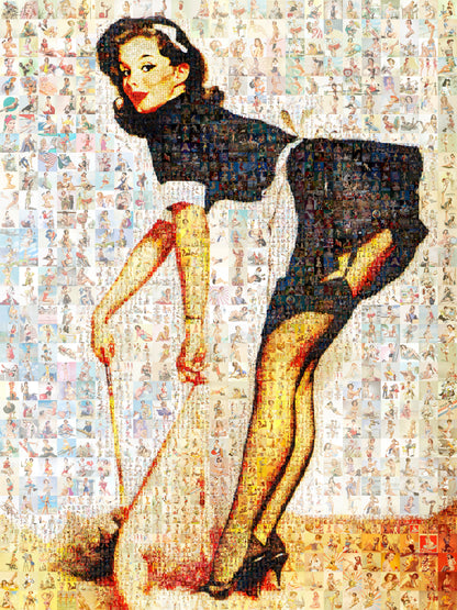 French Maid Pin-Up Mosaic Poster – Retro Girl in Uniform, Vintage Wall Art Made from Classic Pin-Up Illustrations