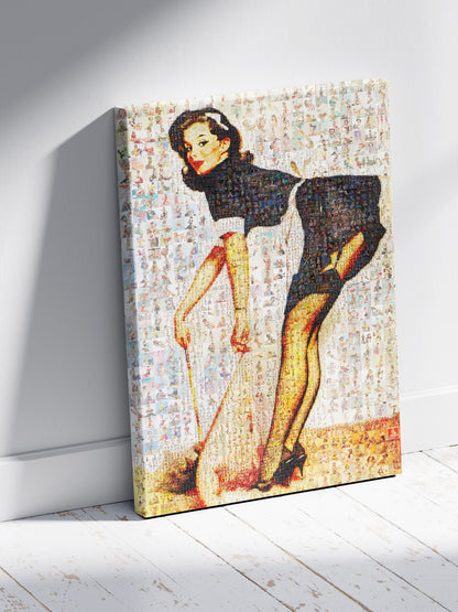French Maid Pin-Up Mosaic Poster – Retro Girl in Uniform, Vintage Wall Art Made from Classic Pin-Up Illustrations