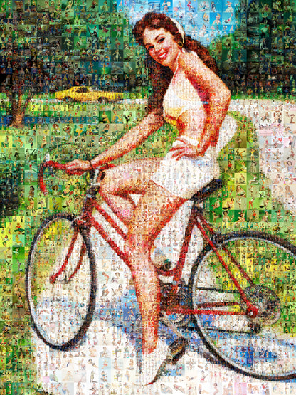 Cycling Pin-Up Mosaic Poster – Retro Girl on Red Bicycle, Vintage Wall Art Made from Classic Pin-Up Illustrations