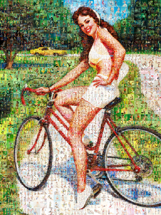 Cycling Pin-Up Mosaic Poster – Retro Girl on Red Bicycle, Vintage Wall Art Made from Classic Pin-Up Illustrations