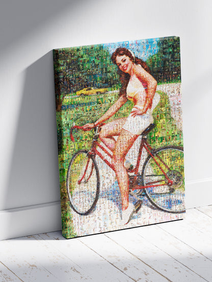 Cycling Pin-Up Mosaic Poster – Retro Girl on Red Bicycle, Vintage Wall Art Made from Classic Pin-Up Illustrations