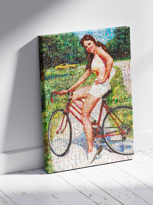 Cycling Pin-Up Mosaic Poster – Retro Girl on Red Bicycle, Vintage Wall Art Made from Classic Pin-Up Illustrations
