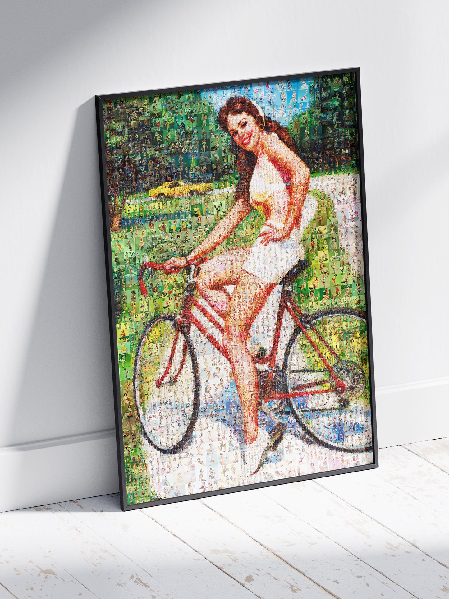 Cycling Pin-Up Mosaic Poster – Retro Girl on Red Bicycle, Vintage Wall Art Made from Classic Pin-Up Illustrations