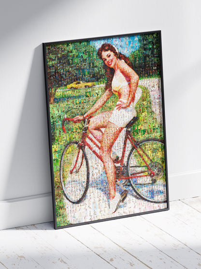Cycling Pin-Up Mosaic Poster – Retro Girl on Red Bicycle, Vintage Wall Art Made from Classic Pin-Up Illustrations