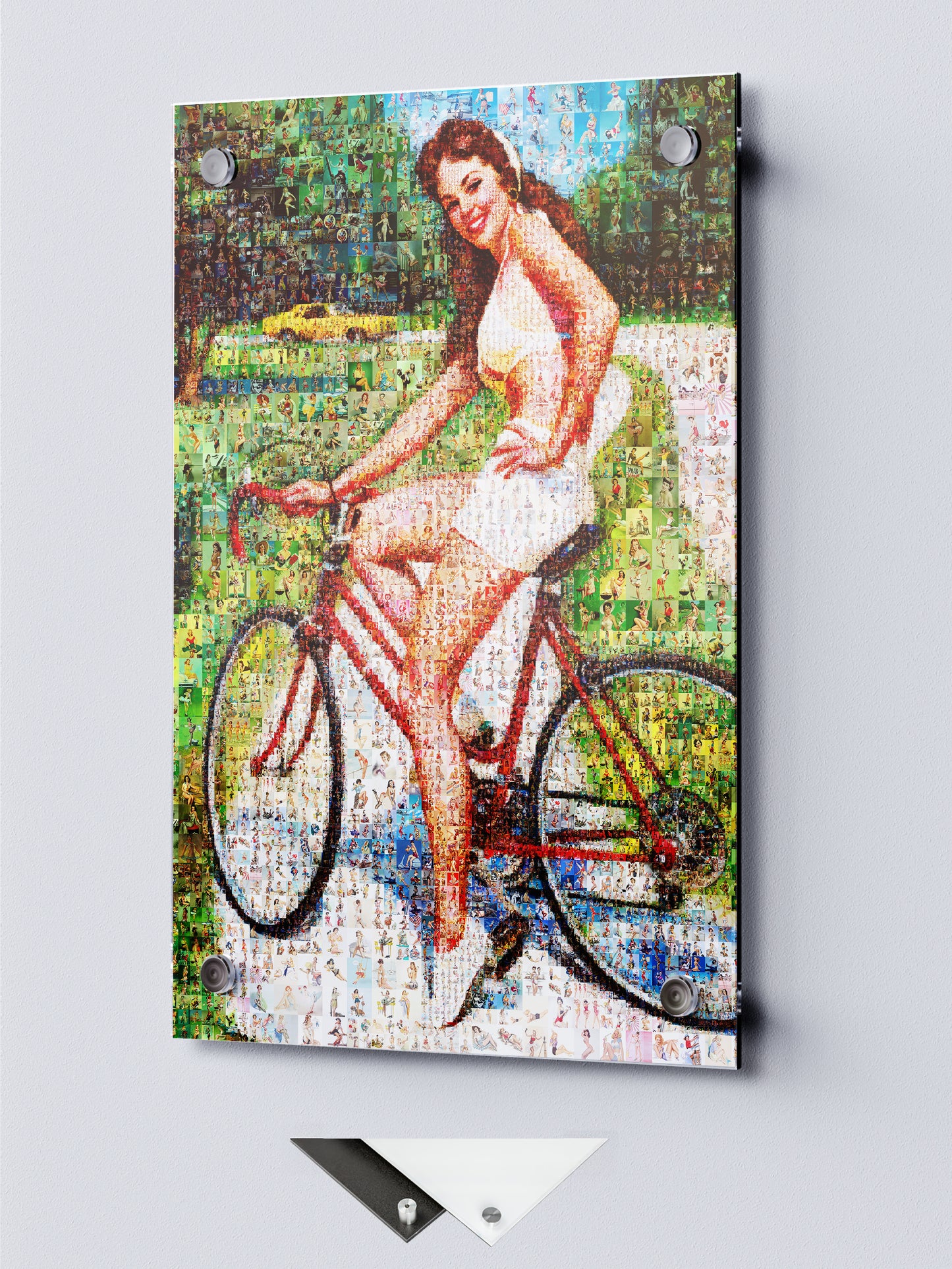 Cycling Pin-Up Mosaic Poster – Retro Girl on Red Bicycle, Vintage Wall Art Made from Classic Pin-Up Illustrations