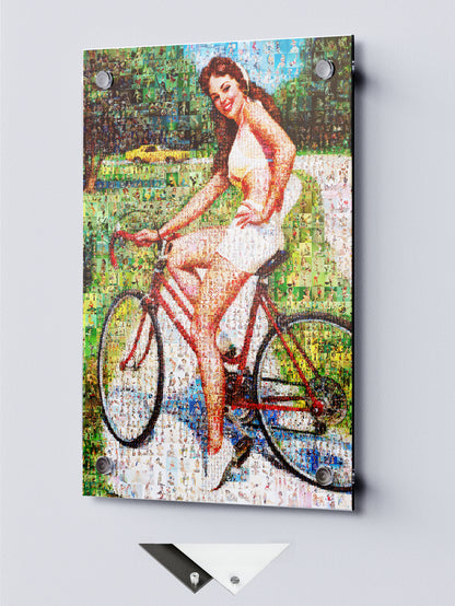 Cycling Pin-Up Mosaic Poster – Retro Girl on Red Bicycle, Vintage Wall Art Made from Classic Pin-Up Illustrations