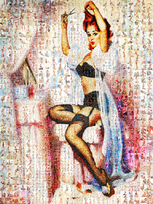 Vanity Pin-Up Mosaic Poster – Retro Girl at Dressing Table, Vintage Wall Art Made from Classic Pin-Up Illustrations