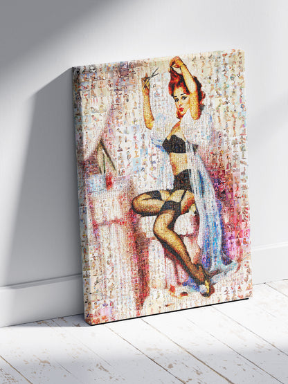 Vanity Pin-Up Mosaic Poster – Retro Girl at Dressing Table, Vintage Wall Art Made from Classic Pin-Up Illustrations