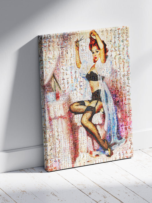 Vanity Pin-Up Mosaic Poster – Retro Girl at Dressing Table, Vintage Wall Art Made from Classic Pin-Up Illustrations