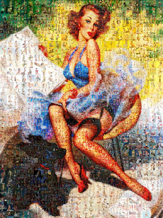 Charming Pin-Up Mosaic Poster – Retro Girl in Blue Dress, Vintage Wall Art Made from Classic Pin-Up Illustrations