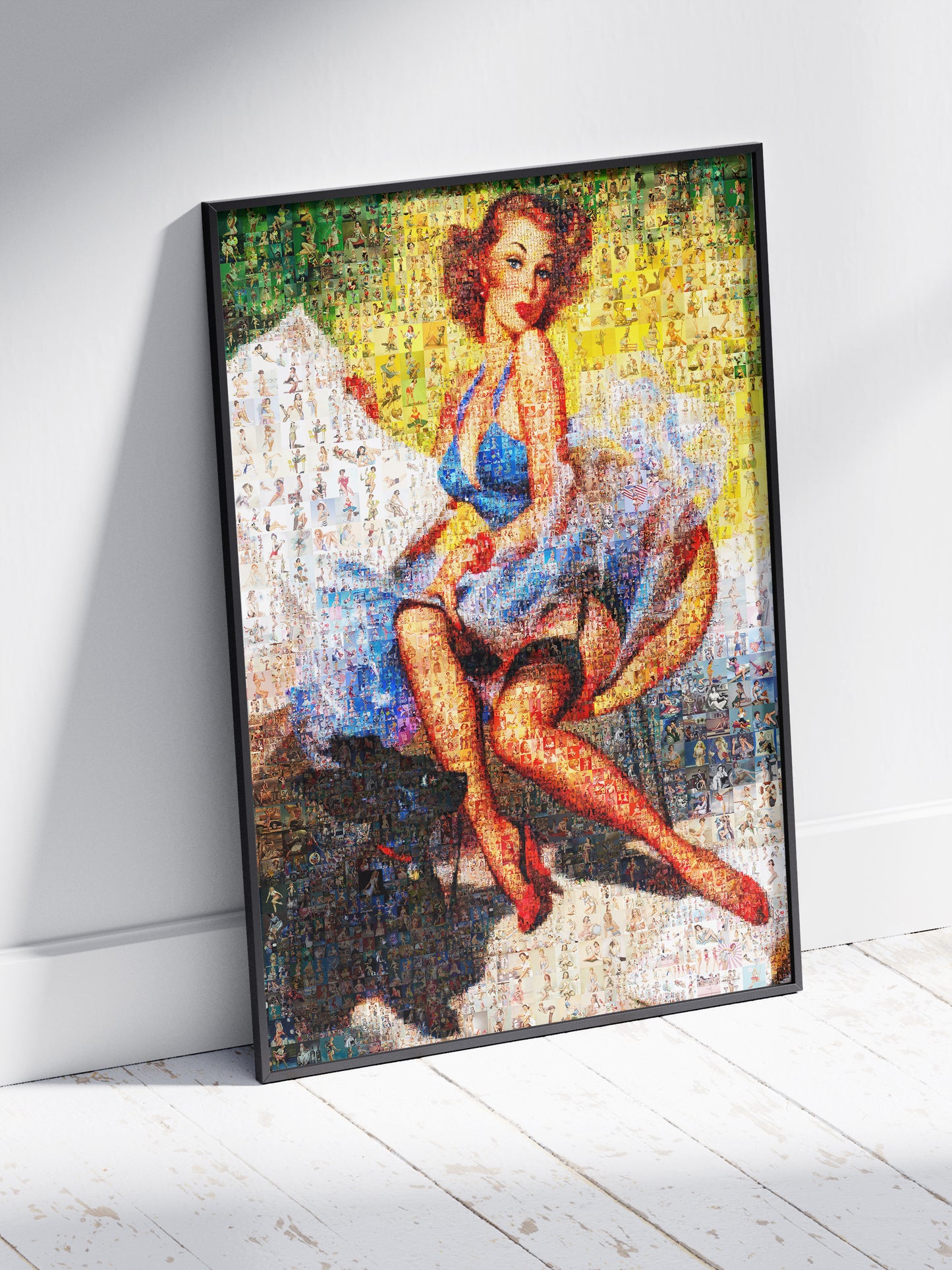 Charming Pin-Up Mosaic Poster – Retro Girl in Blue Dress, Vintage Wall Art Made from Classic Pin-Up Illustrations